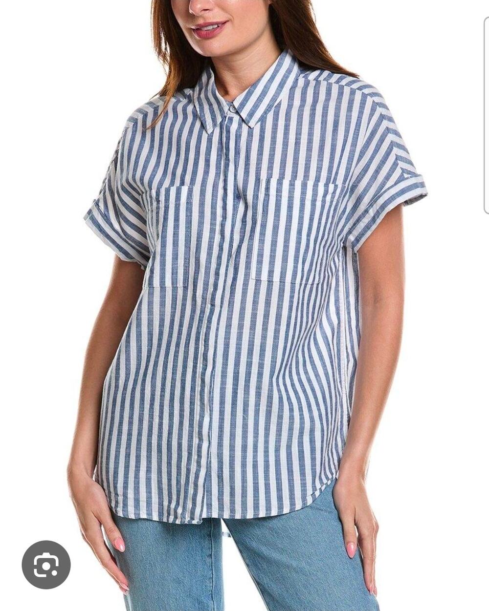 Lola River Striped Blue and White Button Up Tee Medium